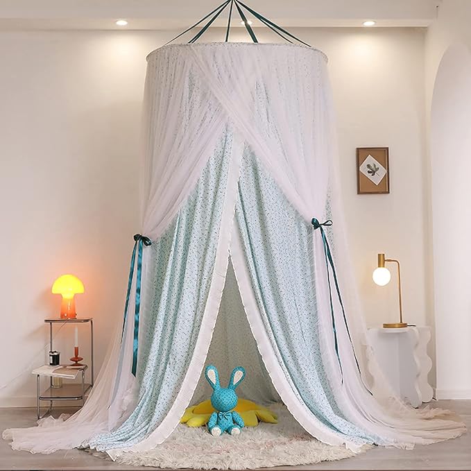 Kertnic Luxurious Bed Canopy for Girls & Adults, Large Elegant Double Layer Bed Curtain Canopy Drapes, Round Dome Lace Princess Canopies Netting (Fresh)