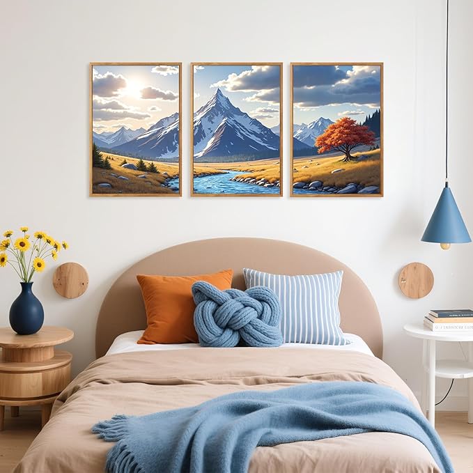 HPNIUB Landscape Mountain Wall Art Set, Rustic River Sunrise Pine Tree Forest Nature Scenry Wilderness Art Print, Farmhouse Grassland Modern Sky Decorative for Living Room, Bedroom, Office-16 x24 x3