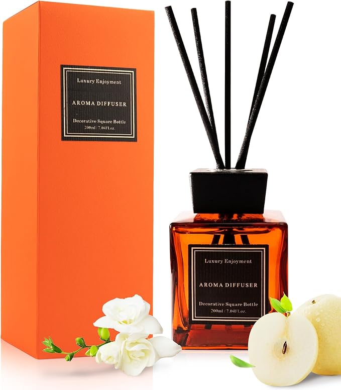 XEPTLE Long-Lasting Air Freshener, Fresh Freesia Pear Reed Diffuser, 7.04 oz, Eliminate Odor,Home/Bathroom/Bedroom/Livingroom/Office Decor - Orange