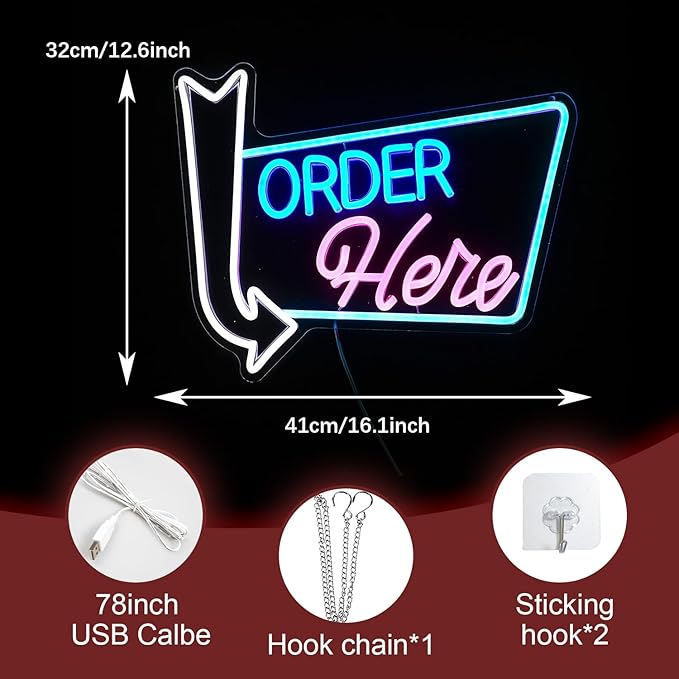 Order Here Neon Sign Led letters Sign Dimmable Order Neon Light for Wall Decor Larger Order Here Light Up Sign for Restaurant Shop Bar Business Neon Decor(16.1 * 12.6 In)