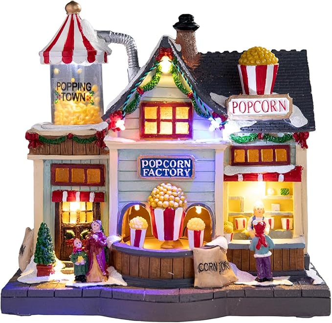 Bdor Christmas Village Lighted Decoration Animated Display Musical Christmas Collectible Popcorn Factory Battery Operated Resin Indoor Decor