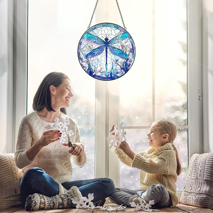 Dragonfly Suncatcher Stained Glass Window Hanging - 8” Stained Glass Suncatchers for Windows - Sun Catchers Indoor Window Catcher with Hooks and Chain - Birthday Gifts for Mom Grandma
