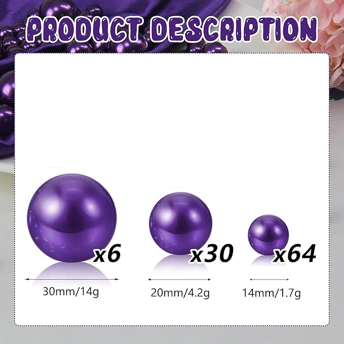 100PCS Purple Faux Pearls Beads for Centerpiece Vases, Vase Filler Faux Pearls, No Holes Filler Beads for Party Anniversary Birthday Wedding Table Decor, 14/20/30mm