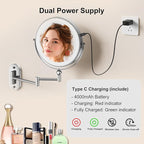 9" Wall Mounted Lighted Makeup Mirror,4000mAh Rechargeable Double Sided 1X/10X Magnifying Mirror with Light,3 Color Lights,Touch Dimmable,Extended Arm 360 Rotation Wall Mounted Makeup Mirror