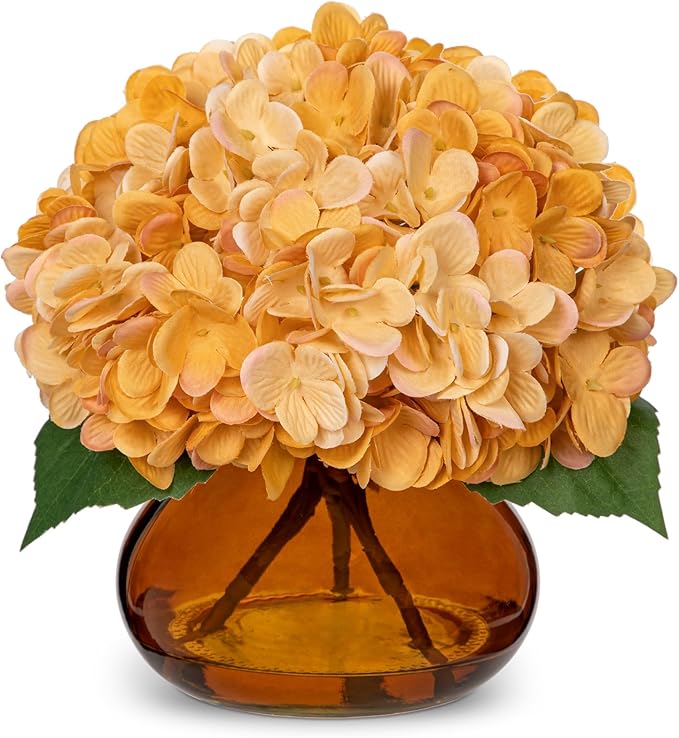 Hollyone Hydrangea Fall Flowers Artificial for Decoration with Glass Vase Yellowish Orange Silk Faux Flowers Arrangements in Vase with Fake Water Autumn Table Centerpiece Fall Decorations for Home
