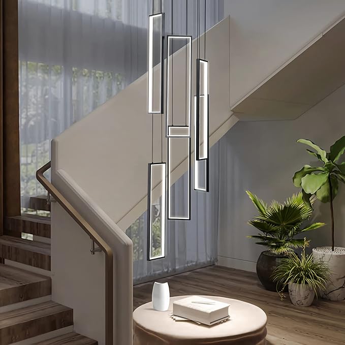 Modern Kitchen Island Dimmable Pendant Light Fixture - Black 108W LED Pendant Lights 6 Rings Rectangular Chandelier for Staircase, Large Ceiling, Lobby, Living Room, Foyer