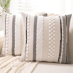 Boho Throw Pillow Covers 18x18 Set of 2 Farmhouse Decorative Cushion Case Striped Square Pillows Cover Chenille Pillow Cases Accent Neutral Pillowcase for Sofa Couch Bed,White