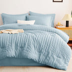 CozyLux Queen Comforter Set Light Blue Seersucker 7 Pieces Bed in a Bag Queen Comforter Set with Sheets Luxury Soft Bedding Set with Down Alternative Comforter, Sheets, Pillowcases & Shams All Seasons