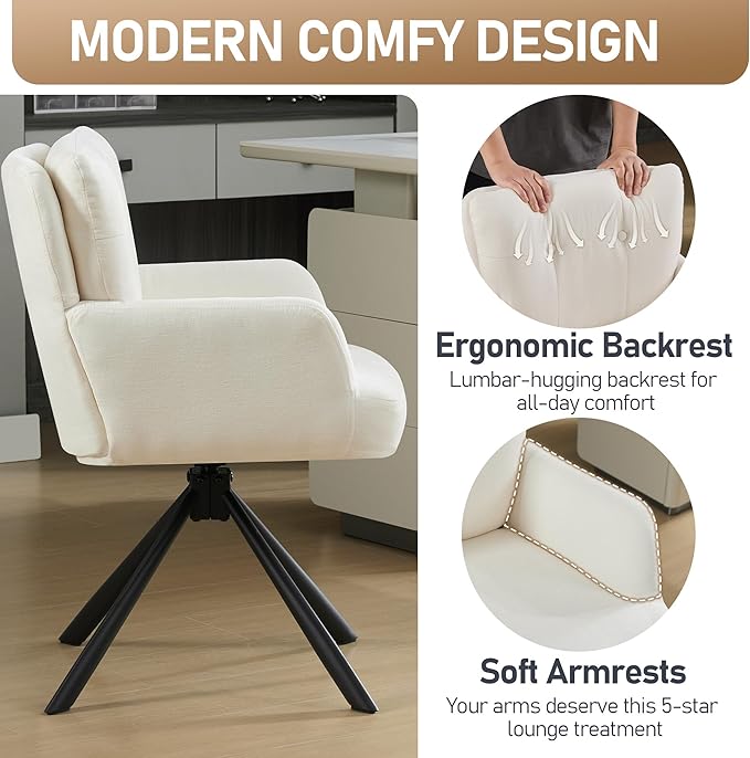 Fabric Dining Chair Modern Upholstered Swivel Dining Room Chairs Comfy Accent Armchair with Mid Back, Desk Arm Chair No Wheels for Kitchen/Living Room/Dining Room, White