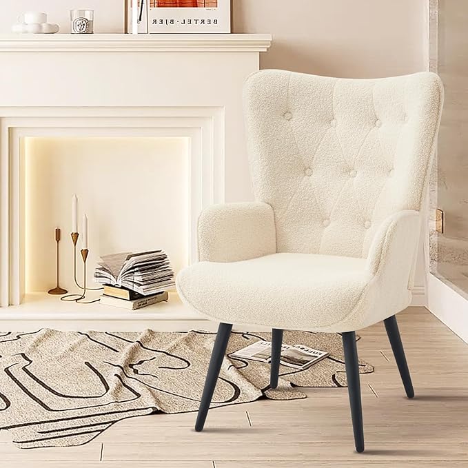 Furnimart Faux Fur White Accent Chair Mid Century Modern Living Room Chairs; Comfy Armchair Leisure Vanity Guest Wingback Chair for Office Study Vanity Bedroom Waiting Room White