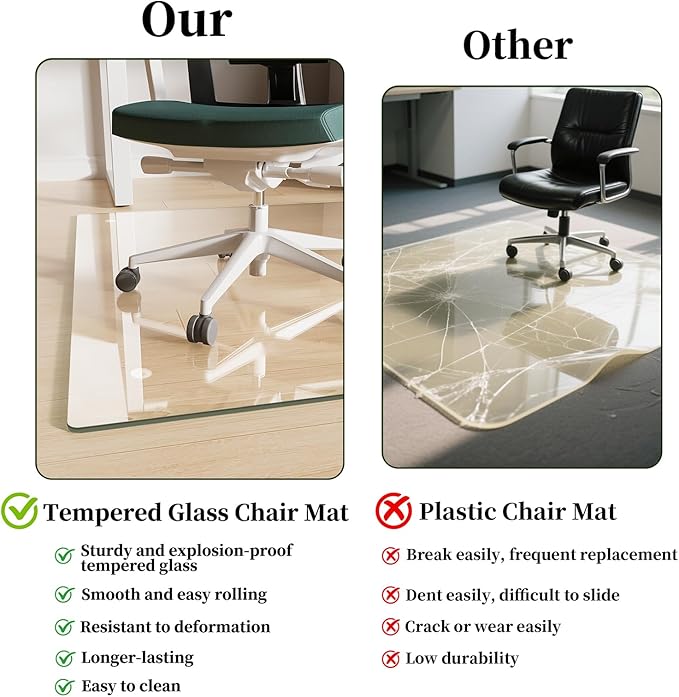 Glass Chair Mat 48" x 80" Heavy Duty Tempered Glass Mat, Office Glass Floor Mat with Round Corner and Polished Edge for Smooth Glide, Carpet Hardwood Floor Protector