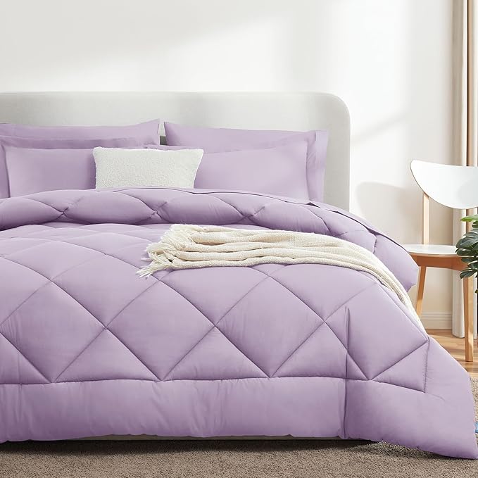 CozyLux King Size Comforter Set Light Purple - 7 Pieces Bed in a Bag King, Luxury Soft Lavender Bed Set for All Seasons, Bedding Set with Down Alternative Comforter, Sheets, Pillowcases & Shams
