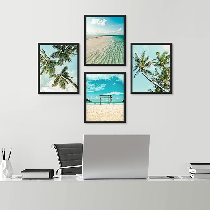 SIGNWIN Framed White Topical Teal Sky Palm Tree Beach Ocean Seaside Wall Art, Set of 4 Landscape Colorful Wall Decor Prints, Nature Wilderness Wall Décor for Living Room, Bedroom - 12"x16" Black