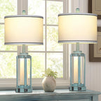 Table Lamp for Living Room, Vintage Rustic Industrial Farmhouse Lamps with USB A+C Charging Ports & AC Outlet, Beside Nightstand Metal Lamp with LED Night Light & Fabric Shade for Bedrooms