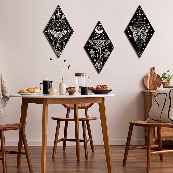 Sintuff 6 Pieces Halloween Gothic Wall Decor Boho Sun Moon Phases Wall Art Gothic Minimalist Stars Sun Hanging Wooden Home Decor Farmhouse Pediments for Gallery Living Bedroom Room(Mysterious)