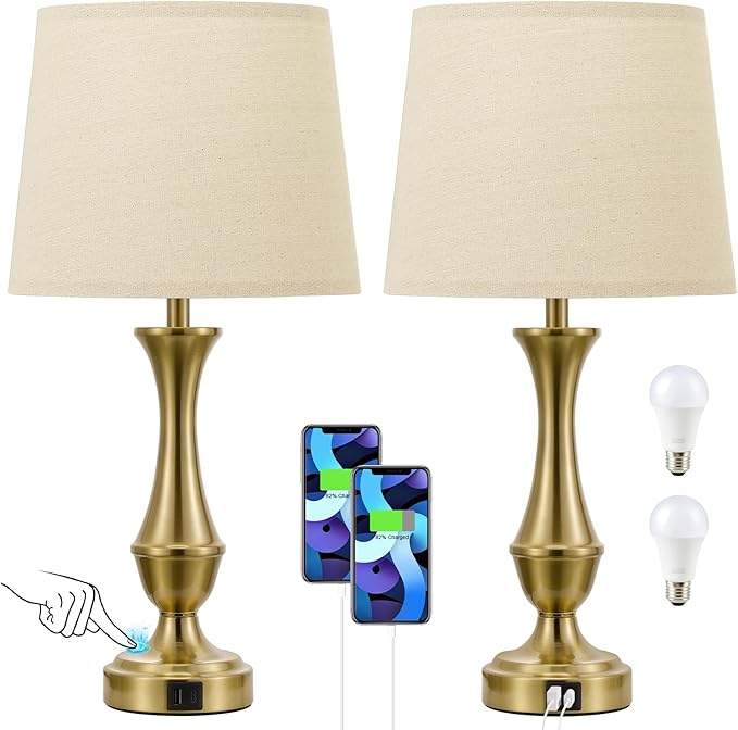 Upgraded Touch Lamps for Night Stands Set of 2 - Bedside Lamps with USB C+A, 3 Way Dimmable for Bedroom Living Room End Tables Office (Oat Shade&Coppery Base)