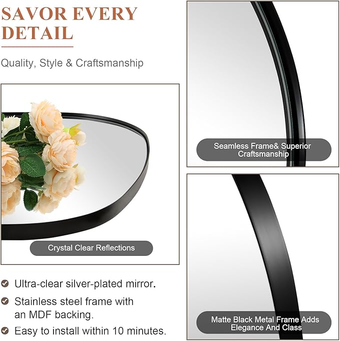 ANDY STAR 22"x30" Black Bathroom Mirror, Irregular Wall Mirror in Stainless Steel Metal Frame, Modern Matte Black Finish with Curved Edge Design, Wall-Mount Vertically or Horizontally