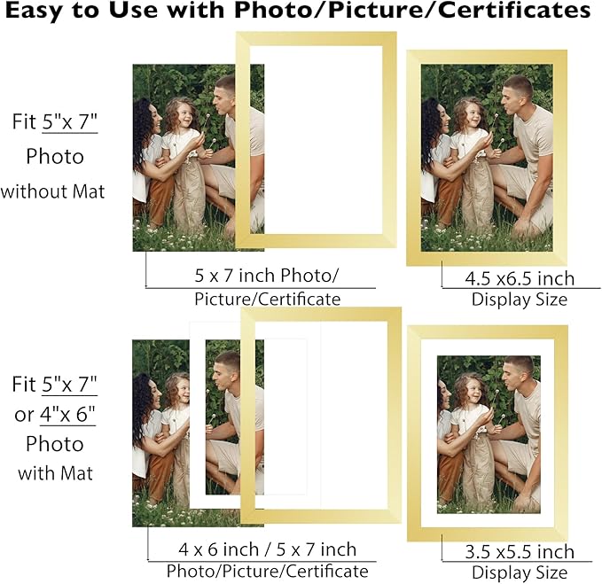 12 Packs 5x7 Picture Frames Bulk, Display 4x6 with Mat or 5x7 Without Mat, Gold Gallery Frame Set, 5 by 7 Frames Bulk Set of 12, Collage Wall Decor Photo Frame Set for Wall and Tabletop, Gold
