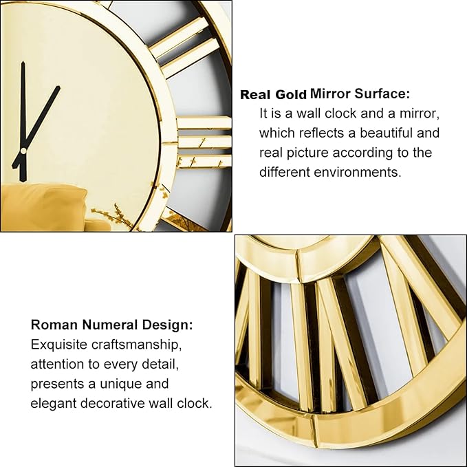 SHYFOY 18" Mirrored Wall Clock, Decorative Wall Clock with Roman Numerals, Living Room Wall Clocks, Kitchen Office Home Decor Battery Powered