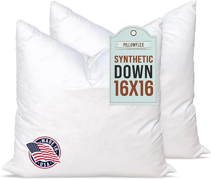 Pillowflex Synthetic Down Alternative Pillow Inserts for Shams - Comfy Pillows for Sleeping, Handmade Down Alternative Throw Pillow Inserts - (16x16 Set of 2)