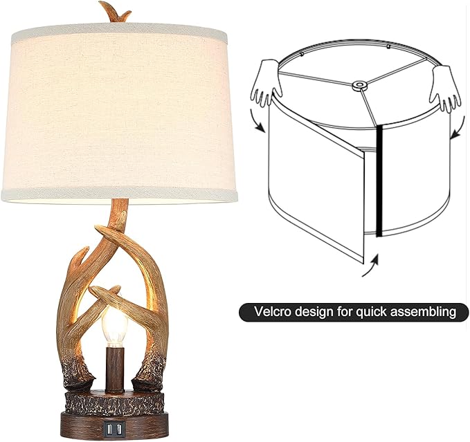 Rustic Table Lamps Farmhouse Antler Lamps Set of 2 Western Bedside Lamps for Bedroom with USB Charging Ports Nightlight,Vintage Resin Nightstand Table Lamps for Living Room (Bulbs Included)