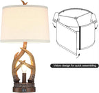 Rustic Table Lamps Farmhouse Antler Lamps Set of 2 Western Bedside Lamps for Bedroom with USB Charging Ports Nightlight,Vintage Resin Nightstand Table Lamps for Living Room (Bulbs Included)