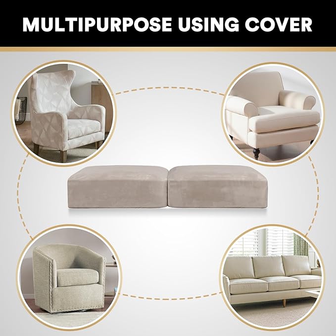 PrinceDeco Stretch Velvet Cushion Cover Sofa Cushion Slipcover for Loveseat Sofa Couch Cushion Furniture Protector Seat Cushion Sofa Cover(Each Width Up to 29.5", Oatmeal)