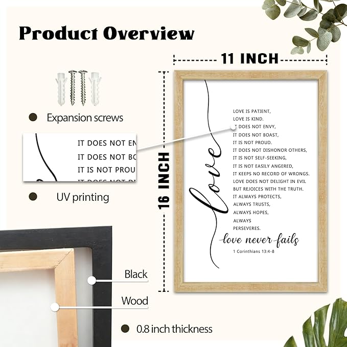 FZMHASLWW Love Is Patient Kind Wall Decor 16"×11" Love Never Fails 1 Corinthians 13 Bible Verse Sign Wood Framed Wall Hanging Art (Wood)