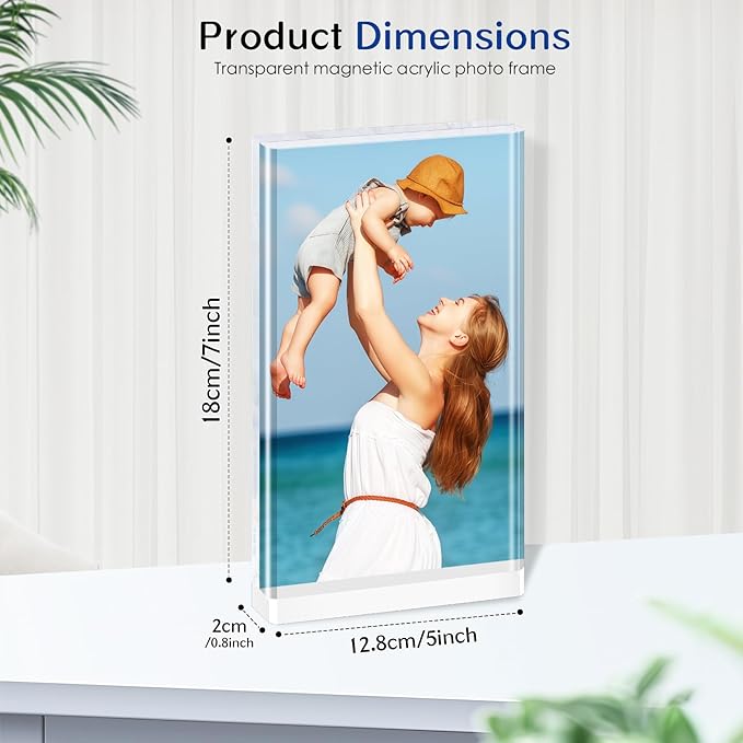5x7 Acrylic Picture Frame, 4-Pack Magnetic Free-Standing Double-Sided Vertical Display, Clear Frameless Panels, Discreet White Base for Desk/Tabletop, Home & Office Decor