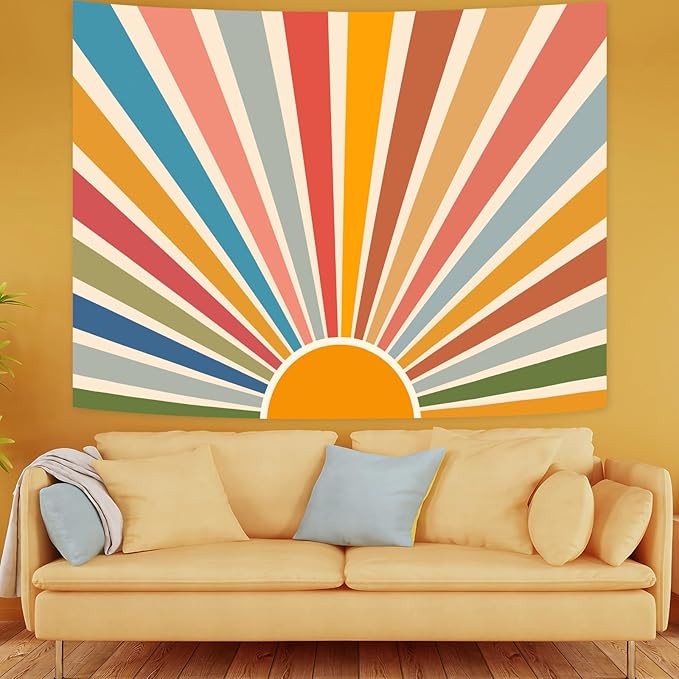 Kanuyee Boho Burning Sun Tapestry Wall Hanging, Retro 70s Abstract Vintage Geometric Rainbow Sunrise Tapestries for Bedroom Living Room Backdrop 60×80 inch