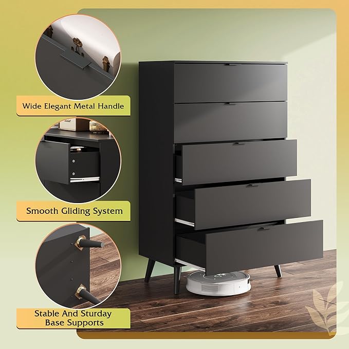 WLIVE 5 Drawer Dresser for Bedroom, Tall Wood Dresser, Black Dressers Storage Organizer with Sturdy Metal Handle, Chest of Drawers for Living Room, Hallway, Closet