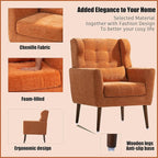 Accent Chair, Comfy Upholstered Living Room Chairs with High Tufted Backrest and Pillow, Wingback Reading Chair with Solid Wood Legs for Bedroom/Office, Chenille Fabric, Orange