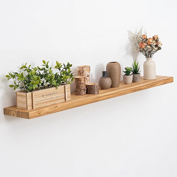 Floating Shelves, 8" Deep Rustic Solid Elm Wood Wall Mounted Floating Shelves, Wall Shelves with Invisible Bracket for Living Room Bathroom Bedroom Kitchen, 48 Inch, Natural