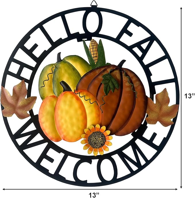 Metal Hanging Pumpkin Hello Fall Welcome Wreath Autumn Fall Harvest Decor for Front Door, Rustic Farmhouse Seasonal Thanksgiving Halloween Decoration-13''H
