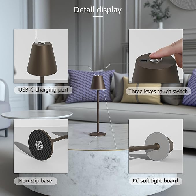 Modern LED Cordless Table Lamp, 4000mAh Rechargeable Battery, 3 Level Brightness Night Light, Metal Shell, Minimalist Design, for Couples Dinner/Coffee Table/Restaurant/Bedroom, Khaki