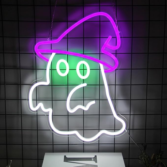 Witch Hat Ghost Neon Signs for Wall Decor Halloween Neon Sign Spooky Ghost LED Sign Gothic Lamp Neon Lights Signs Purple Witch Hat Neon Wall Sign for Bedroom Bar Halloween House Party Decor