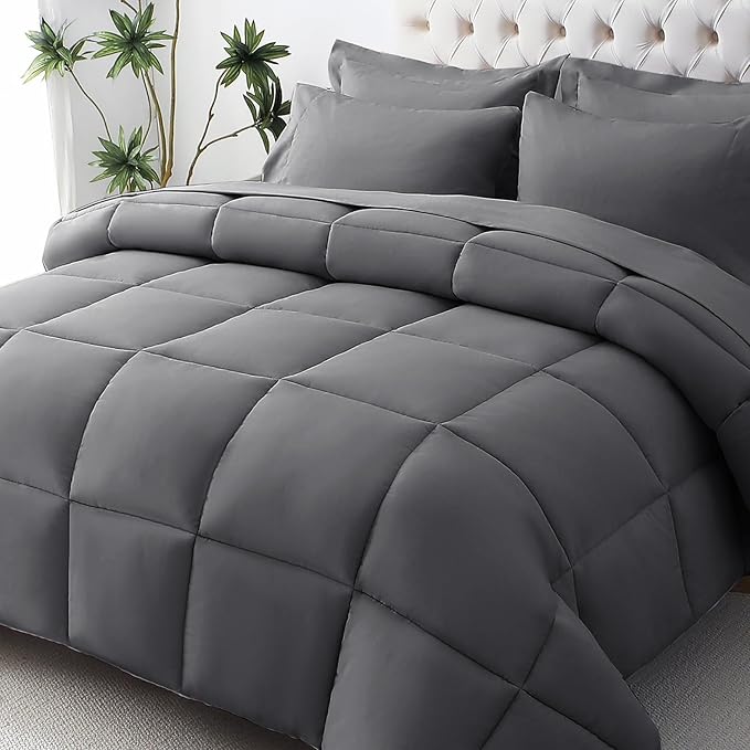 JOLLYVOGUE Full Comforter Set, Ultra-Soft Bed in a Bag Full Size 7 Pieces, Oeko-TEX Certified Bedding Set with Down Alternative Comforter, Sheets, Pillowcases & Shams, Dark Grey