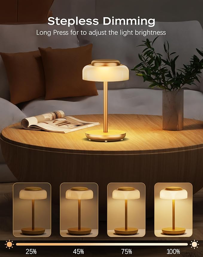 QiMH Battery Operated LED Table Lamp, 5000mAh Rechargeable Cordless Lamp Set of 2, Stepless Dimmable Touch Control, Small Waterproof Desk Night Light for Living Room, Bedroom, Outdoor Bar (Gold)