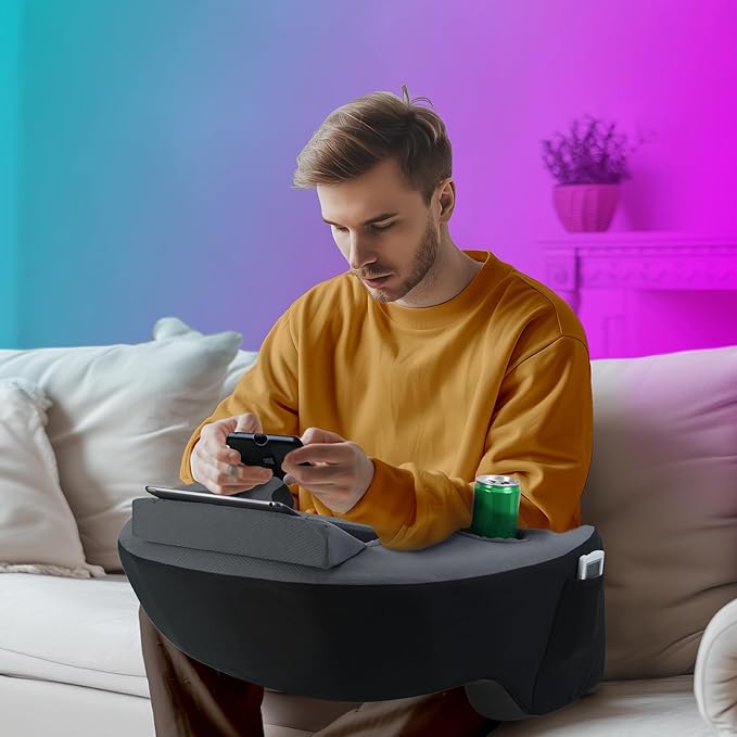 Reading Pillow for Lap, Memory Foam Gaming Pillow, Arm Rest Pillow with 2 Side Pockets&Cup Holders, Large Arm Rest Pillow for Gaming, Reading, Working Sitting in Bed Floor Sofa