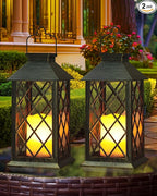 Otdair Solar Lanterns Outdoor Waterproof, 2 Pack 14" Solar Lantern with Glass Retro LED Flickering Flameless Candle,Lanterns Decorative Outdoor for Gift, Yard, Garden, Patio, Balcony,Porch, Party