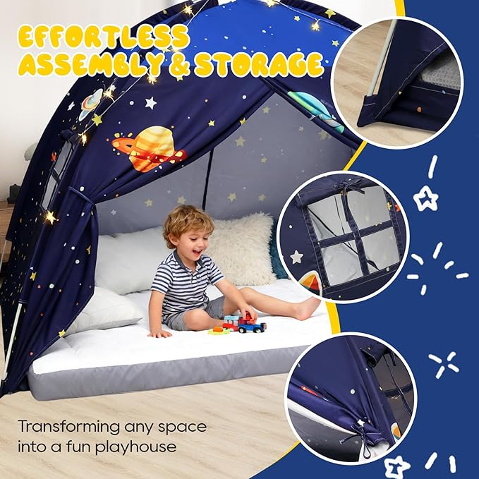 Twin Bed Tent Canopy, Space Indoor Blackout Privacy Toddler Bed Tent for Kids with Light, Portable Sleeping Floor Kids Playhouse (Blue)