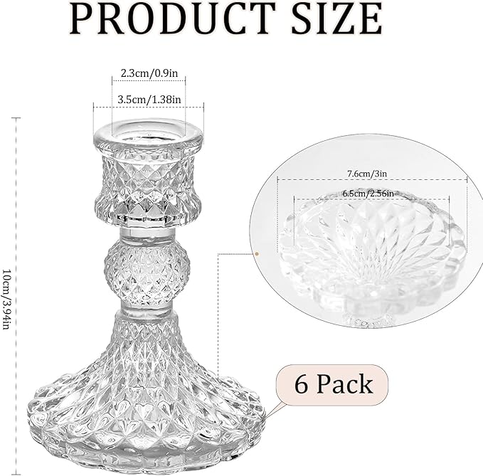 6 Pack Glass Taper Candlestick Holders, Clear Candlestick Holders, 4" H Crystal Candle Holders Decorative Candle Stand Centerpiece for Wedding, Festival, Dinning Party Table Decor