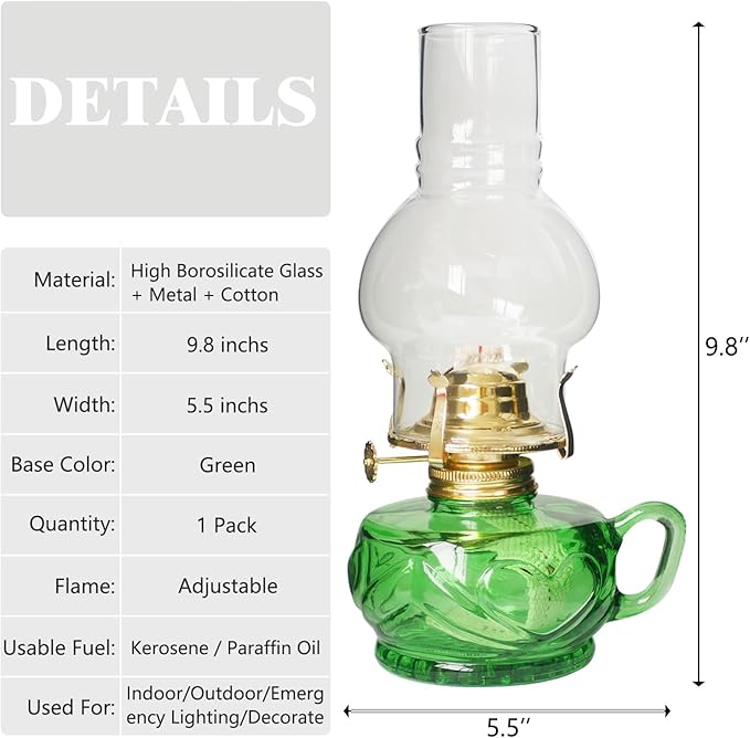 Large Rustic Kerosene Lamp Lantern Chamber Antique Oil Lamps for Indoor Use Home Decor Lighting Vintage Glass Clear (Green)