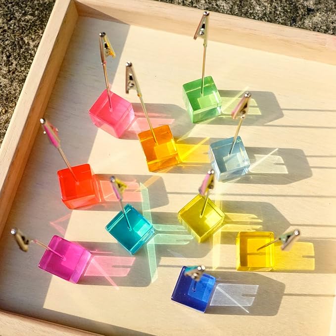 Desktop Picture Holders, 10 pcs Rainbow Colors Polaroid Photo Clip Stand for Paper Name Place Card Postcard Memo Menu Note Memory Photo Christmas Wedding Number Card Display with High Clear Cube Base