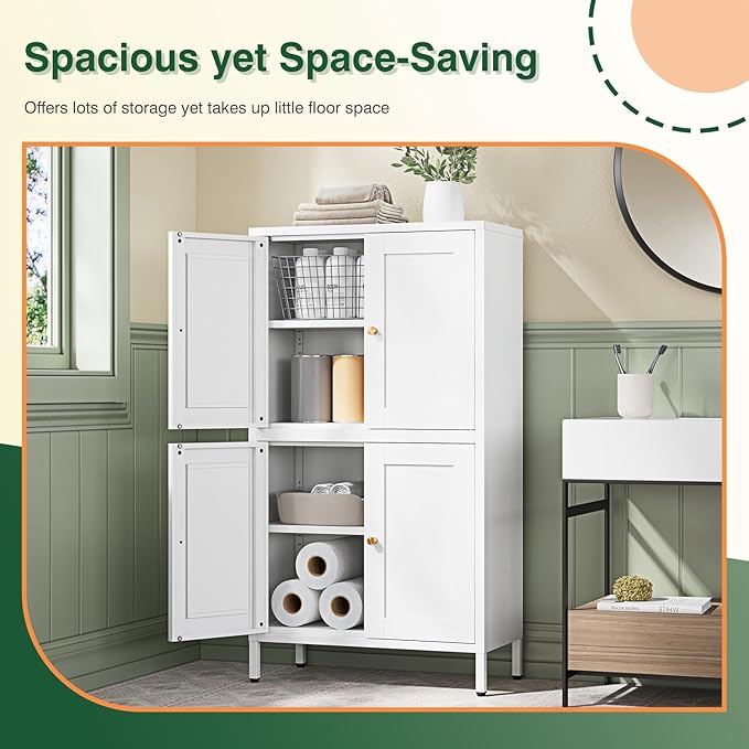 Letaya Storage Cabinet with Doors and Shelves,Small Freestanding Bathroom Floor Metal Cabinets -White