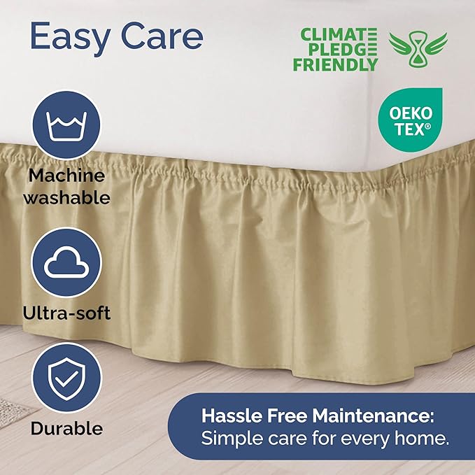 Wrap Around Dust Ruffle Bed Skirt - Beige - for King Size Beds with 12 Inch Drop - Easy Fit Elastic Strap - Adjustable Pleated Bedskirt w/Brushed Fabric - Wrinkle Free - for Women, Men, Kids & Teens