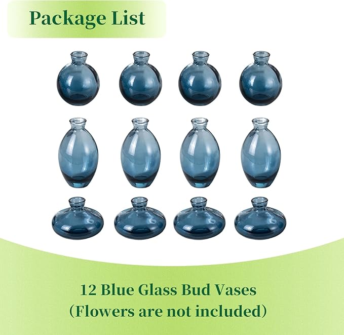Hewory Glass Bud Vases for Centerpieces: Set of 12 Cute Blue Small Vases Handmade, Mini Flower Vase for Floral Arrangement, Tiny Decorations for Home Office Wedding Reception Party Events Table Decor