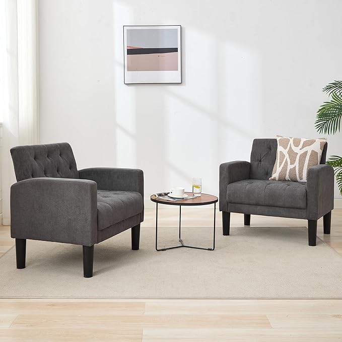 TYBOATLE Accent Chairs Set of 2, Mid Century Modern Upholstered Tufted Living Room Chair for Bedroom, Armchair for Waiting Room, Reading Chair for Office, Grey