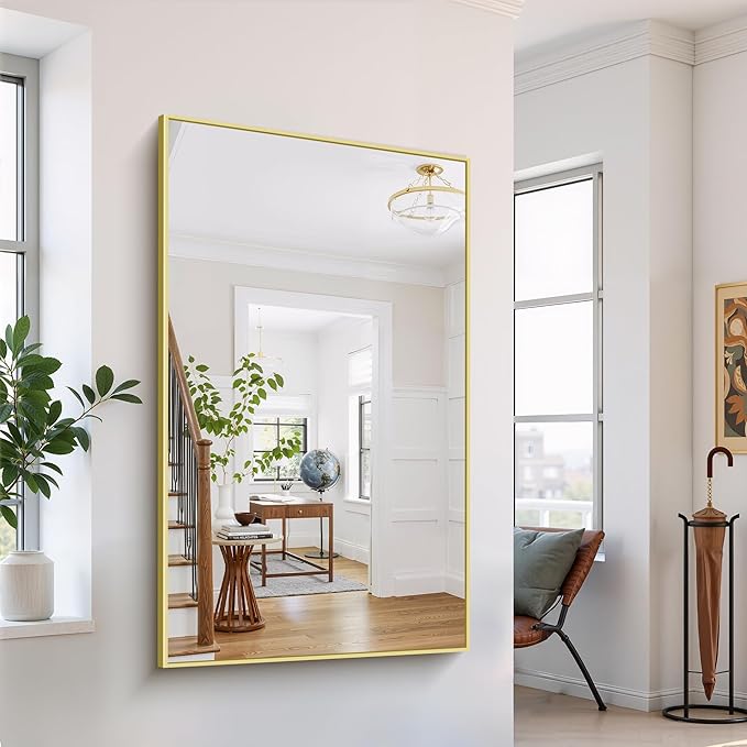 YIROMAN Bathroom Mirror 60"x36", Large Brushed Gold Bathroom Mirror for Over Sink with Aluminum Frame, Rectangular Vanity Mirror with Right Angle, Wall Mirror Hangs Horizontal or Vertical