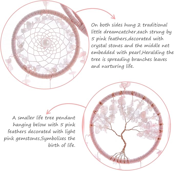 7 Chakras Dream Catchers Tree of Life Large Dream Catcher Pink Feather Wall Decor with Rainbow Healing Crystal Stone Wall Art Hanging Ornaments for Bedroom Home Decor Blessing Gift Wedding -4 Rings